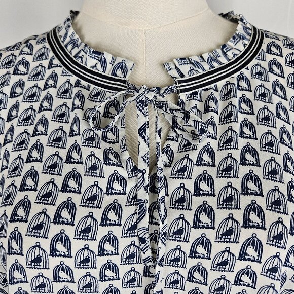 Talbots Grosgrain Trim Crinkle Blouse Medium Birdcage Print Blue - Picture 3 of 10